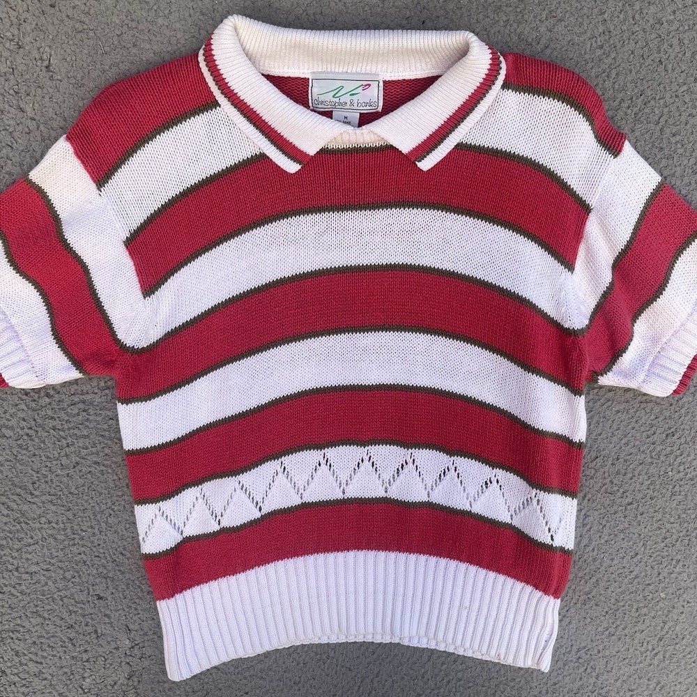 Vintage 1980s Christopher & Banks Sweater Pink White Stripes Collar Womens M‎